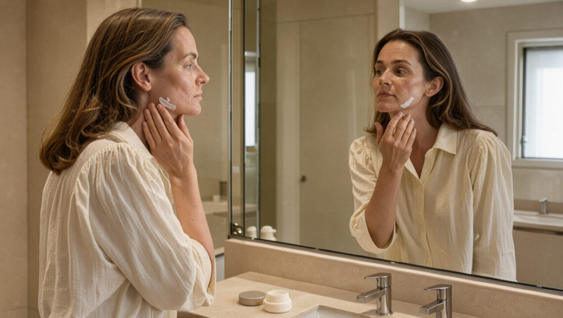 Femme adulte appliquant délicatement une crème sur son cou devant un miroir dans une salle de bain élégante baignée de lumière douce.