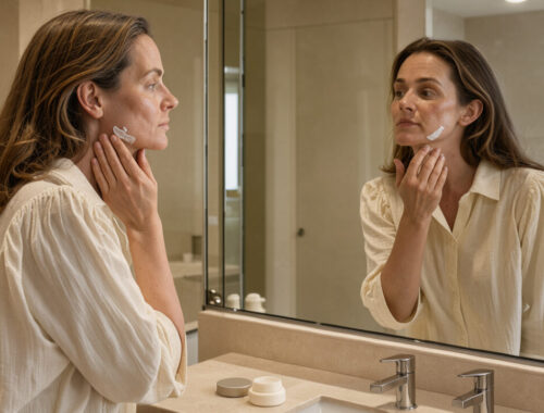 Femme adulte appliquant délicatement une crème sur son cou devant un miroir dans une salle de bain élégante baignée de lumière douce.
